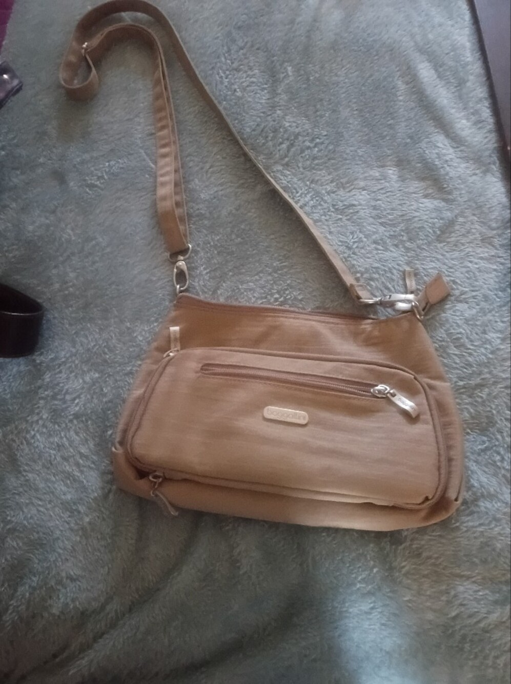 Baggallini taupe crossbody with front zip detail